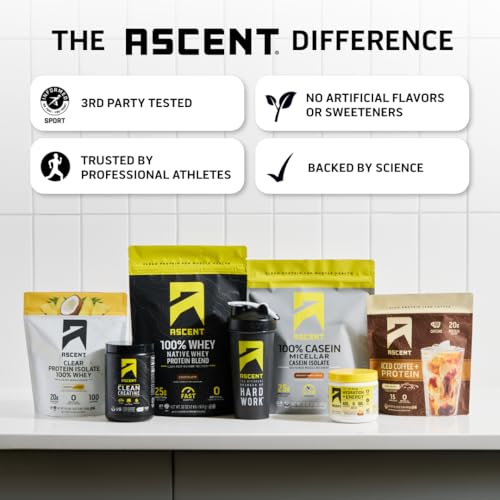 ascent 100 whey protein powder - post workout whey protein isolate zero artificial flavors amp sweeteners soy amp gluten free 55g bcaa 26g leucine essential amino acids vanilla bean 2 lb