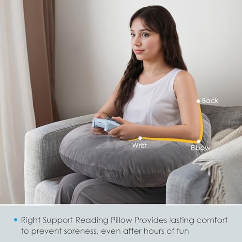 Image of QUEEN ROSE Reading Pillow, Gaming Pillow for Lap, Sitting in Bed or Sofa, Extra Arm Rest for Reading, Playing or Crocheting, Soft Velvet Grey