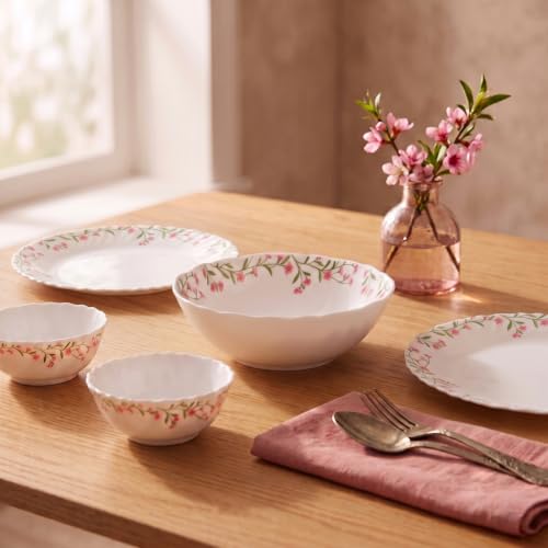 La Opala Novo Opalware Dinner Set, 10 Pcs for Family of 2, Spring Meadows | Microwave & Dishwasher Safe, Bone-Ash Free, Plates & Bowls for Dining & Gi
