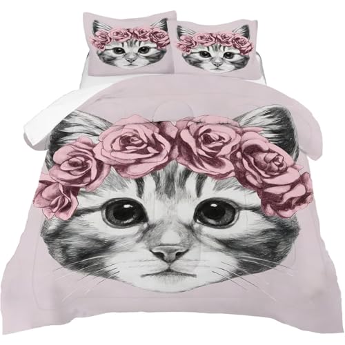 Image of Pink Rose Cat Comforter Set Queen Size Cute Floral Animal Bedding Sets for Kids Adults Boys Girls Bedroom Aesthetic Kawaii 3Pcs Quilt 1 Comforter 2 Pillowcases