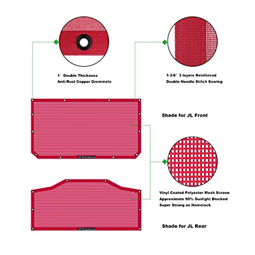 Shadeidea JL Sun Shade Top for Jeep Wrangler 2 Door Top Sunshade (2018-2023), Front & Rear - Cherry Red Mesh Screen Wrangler Cover, UV Blocker with Grab Bag Pouch - 10 Year Warranty