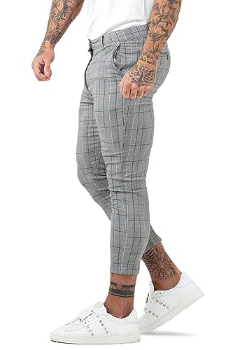 Image of GINGTTO Men Grey Skinny Tapered Stretch Chinos Trousers Mens Flexible Cropped Stretch Checkered Pants 32 Waist