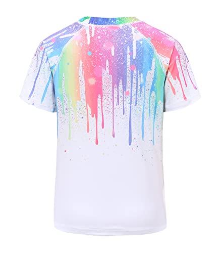 Big Girls Short Sleeve Rash Guard Swim Shirt for Girls Hawaiian Swimsuits UPF 50+ Sun Protection Swim Top Bathing Suit White Rainbow Splash Size 12/10-12