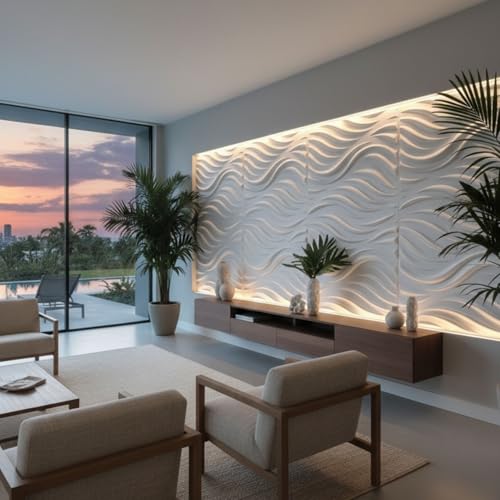 Image of Kayra Decor 3D Wall Panels Wave Design - White Color | 19.7 inch x 19.7 inch (Pack of 12) - Covers 32.28 Sq. Ft | Premium Home & Office Wall Decoration