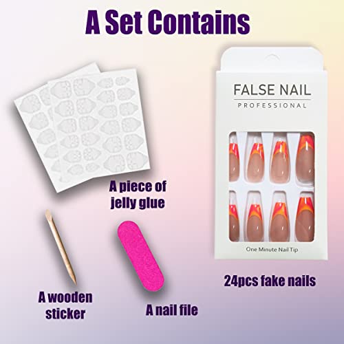 Qingge Bright Orange French Tip Press On Nails Medium Length Coffin Glossy Fake Nails Tips Full Cover Wave Design Stick On Nails With Glue Exquisite Acrylic Nails Summer Beach False Nails For Women #TOP2