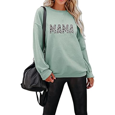 INFITTY Women's Crewneck Mama Sweatshirt Long Sleeve Letter Print Graphic Shirts Ribbed Loose Fit Pullover Tops, 1 Blue Green, L Cover