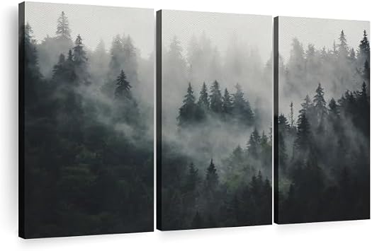 ElephantStock Misty Forest Mountain - 3-Piece Wall Art - Pictures Wall Decor Artwork Canvas Wall Art, Nature Artwork - Pine Forest Photography - 57" X 36"