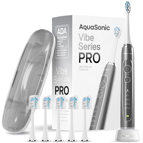 Image of Aquasonic Vibe Series PRO - Ultra-Whitening Electric Toothbrush - 5 Modes & Smart Timers - Premium Travel Case & 6 Proflex Brush Heads - ADA Accepted Toothbrush (Charcoal Metallic)