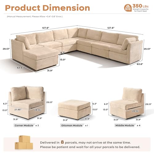 Image of ovios Modular Sectional Sofa Couch with V-Shape Chaise Ottoman, Comfy Plush Corduroy Cloud Couches, Modern Luxury Deep Seat Sofas Set for Living Room, 8-Seater, Beige