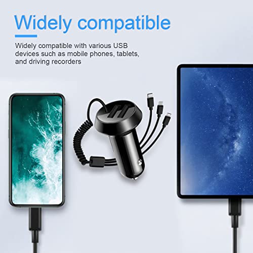 Quick Charge Car Charger, Dual Ports Car Charger Adapter With Stretchable Cable And 3 In 1 Fast Charging Cord For Iphone 13/Pro Max/Pro, 12/11, Samsung Galaxy, Ipad, Camera For Most Cars (Black) #TOP5
