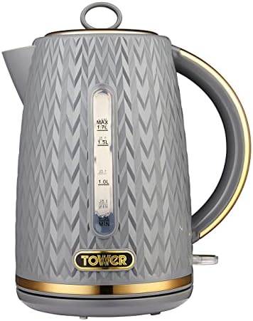 Tower T10052GRY Empire 1.7 Litre Kettle with Rapid Boil, Removable Filter, 3000W, Grey with Brass Accents