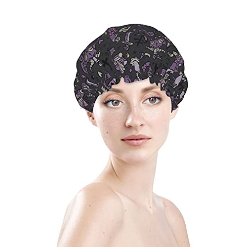 Large Gothic Accessory Black Cat Cartoon Waterproof Shower Cap Bonnet Best Long Curly Hair Cover Adjustable Washable Reusable Caps Cute Funny Luxury Womens Bath Hat Accessories for Adult Women Girls