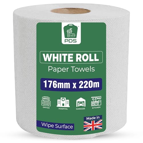 PDS Centrefeed White Rolls 3 Pack - 2 Ply Tissue Roll for Wiping Surfaces & Drying Hands - 400 Sheets Strong & Ultra Absorbent White