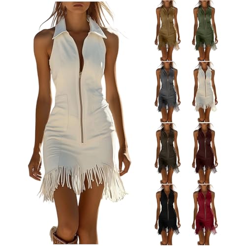 Zeiayuas Women Faux Suede Fringed Hem V Neck Sleeveless Tassel Mini Dress Zip Up Lapel Elegant Party Wear Cowgirl Western Dresses White