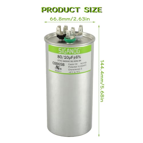 SIGANDG 80/10 uF 80+10 MFD 370V or 440V CBB65 Dual Run Start Round Capacitor 80 10 uF MFD 370 440 Volt VAC for Condenser Straight Cool or Heat Pump Air Conditioner