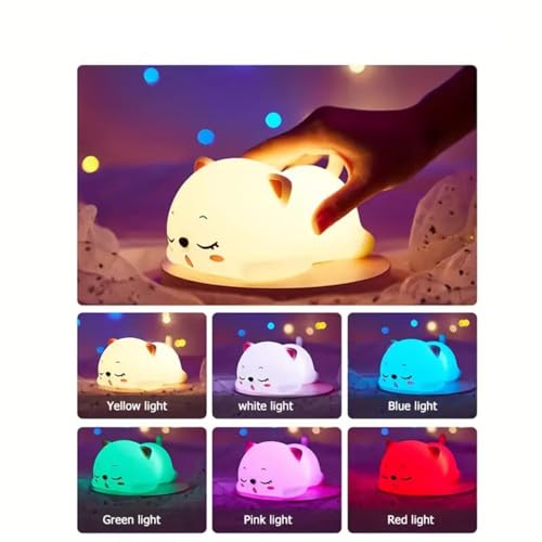 Image of Silicon Cat Night Lights for Kids, 7 Color Changing Mode, Rechargeable Lamp, Tap Control with USB Cable Perfect for Baby, Girl, Boys, Children