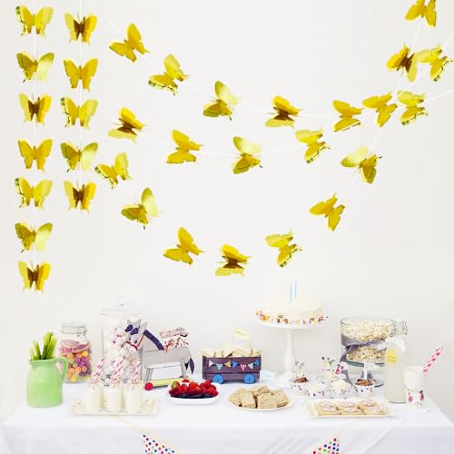 Image of BEISHIDA 5 Pieces Gold 3D Butterfly Paper Garland Hanging Decorative Banner for Home Ceiling Decor Birthday Party Baby Shower Wedding Theme Showcase Decoration Supplies Total 393 Inch Length