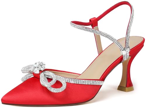 Image of Susanny Women's Closed Toe Rhinstone Wedding Low Heel Slingback Clear Kitten Heels,Adjustable Strap Pointed Toe Bow Pumps High Heeled Prom Dress Shoes