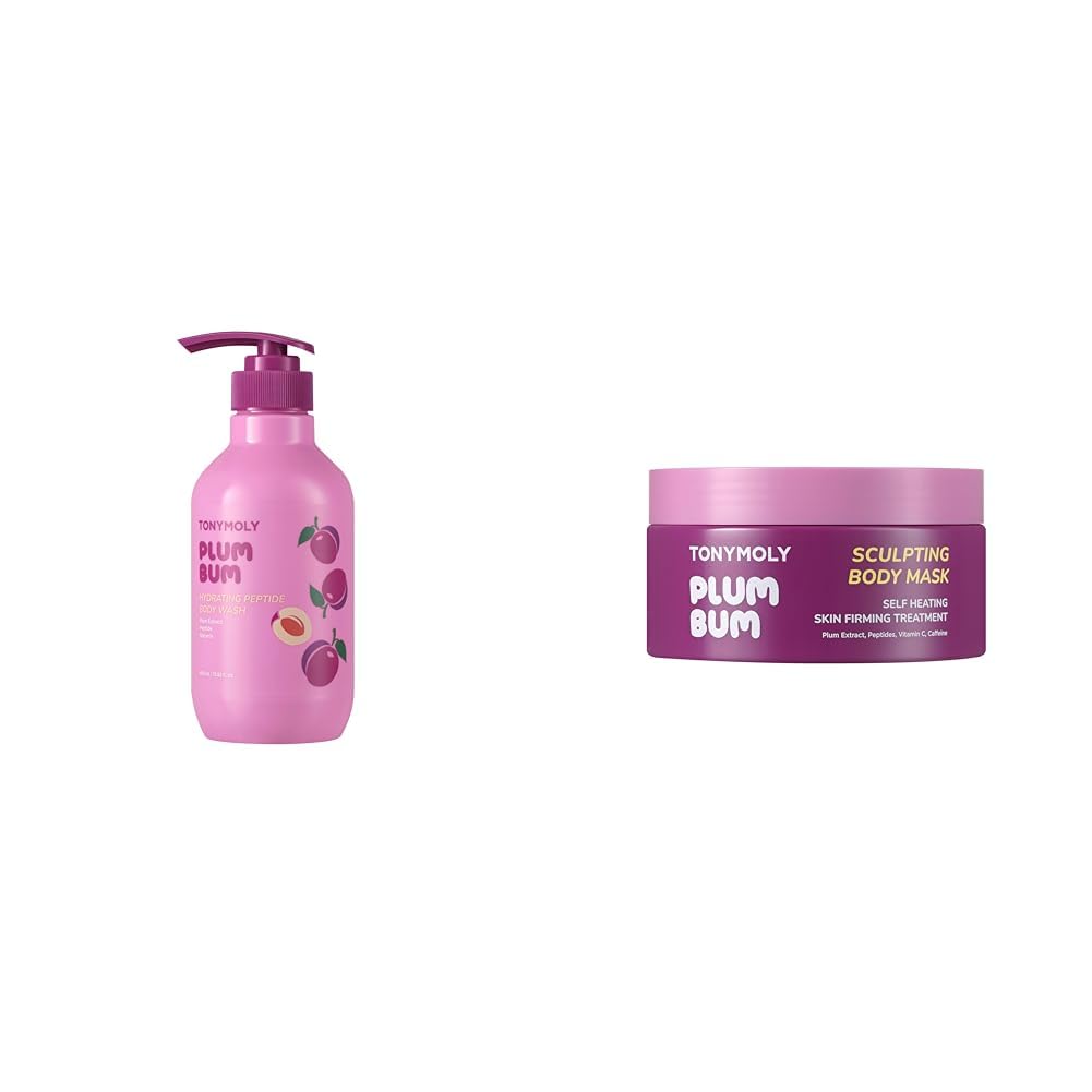 TONYMOLY Plum Bum Body Care Set - 13.5 fl oz Peptide Hydrating Body Wash & Self-Heating Body Sculpting Mask for Soft, Smooth Skin