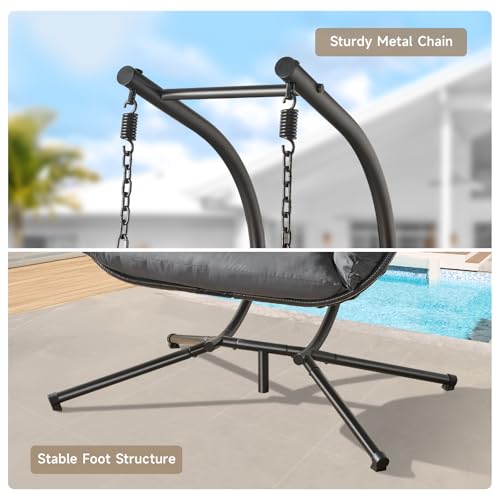ONBRILL Double Egg Chair with Stand, Indoor Outdoor 2 Person Hammock Swing Chair with Cushions & Headrest, 650LBS Capacity Hanging Loveseat for Patio, Bedroom, Garden, Balcony (Black-Dark Gray)