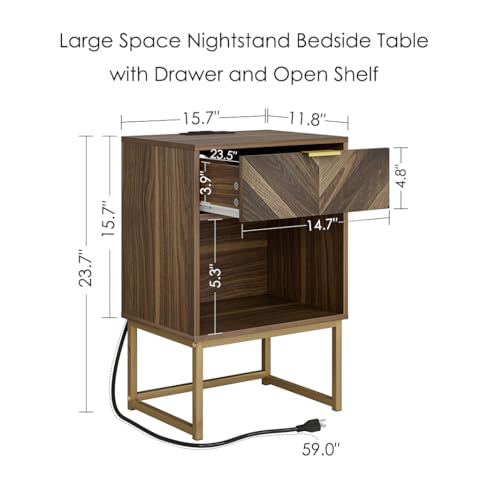 Image of Masupu Nightstand with Charging Station,Modern Night Stand Boho Farmhouse Wood Bedside Table with Storage Drawer Side End Table for Bedroom,Living Room,Office,Walnut Brown with Outlet