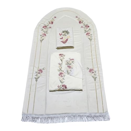 Luxury Women's Prayer Mat Set with Matching Embroidered Veil & Tasbeeh – Soft, Velvet Fabric, Floral Design – Ideal Muslim Gift, Islamic Home Decor – 180x50cm, Off white | Ramadan Gifts