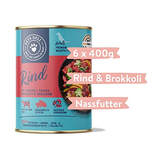 Pets Deli Nassfutter für Hunde mit Rind, Brokkoli, Papaya, Amaranth & Basilikum ohne Zucker und Gluten 6 x 400g