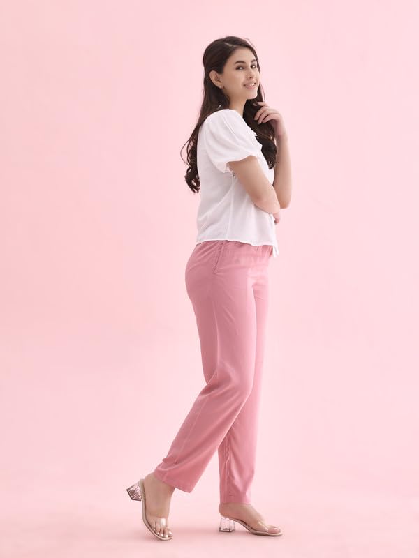 Image of GO COLORS Women Solid Mid Rise Relaxed Fit Viscose Casual Pants