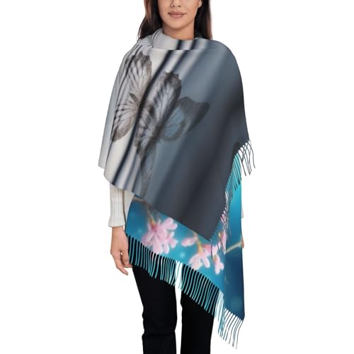Écharpe d'hiver contre le froid toucher cachemire douce longue noire motif papillon zen