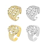 Yudisho 4 pcs Dollar Signet Ring, Gold Silver Hip Hop Rap Punk Ring with Adjustable Opening and Crystal Dollar Signet