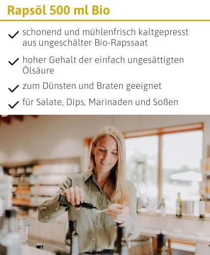 Rapsöl BIO 500 ml nativ und kaltgepresst mühlenfrisch von der Ölmühle Solling