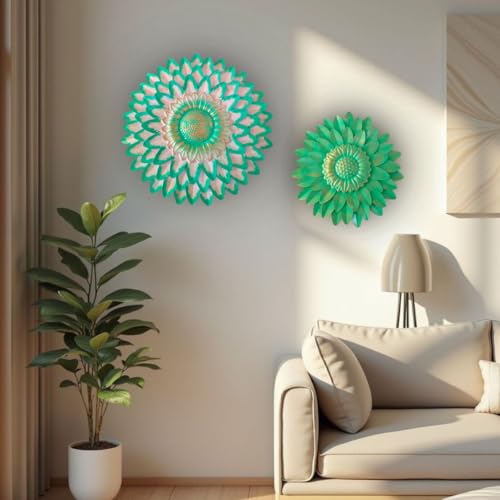 Image of SETHI AESTHETIC Metal Flower Wall Art Decor, Handmade 3D Layered Petal Design, Set of 2 (13x13 inch and 11x11 inch) (Olive Green)
