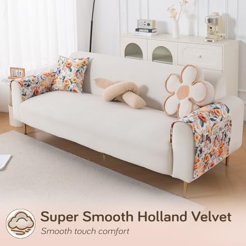 Image of HOKIPO 'Nature Muse' Premium HD Printed Holland Velvet Sofa Armrest Covers with Pockets | 1 Pair | Marigold Bloom (IN-921-L-D7*2)