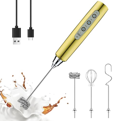 Image of YUSWKO Champagne Gold Handheld Milk Frother Wand for Coffee, Rechargeable Electric Whisk with 3 Heads 3 Speeds Drink Mixer Coffee Frother For Latte, Cappuccino, Hot Chocolate, Egg