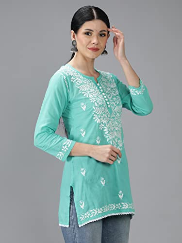 Image of Seva Chikan Hand Embroidered Lucknowi Chikankari Cotton Short Top Tunic for Women SCL9017