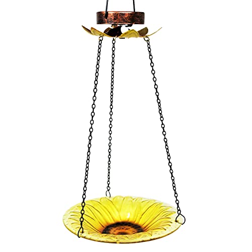 Grateful Gnome Hand-Painted Glass Hanging Bird Bath w/Chain & Hook - Attracts Birds - Easy to Install - Solar Powered Lamp Included - Solar Sunflower Design