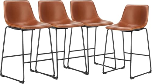DUMOS 26 Inch Counter Height Bar Stools Set of 4, Modern Faux Leather High Barstools with Back and Metal Leg, Bar Chairs for Kitchen Island, Brown