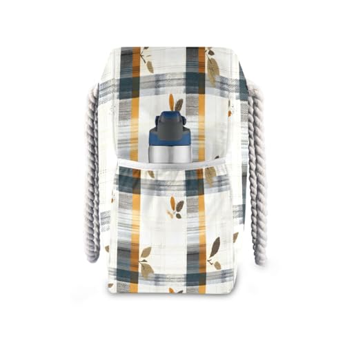 Beach Bag - Large Tote Bags for Women Fall Leaves Plaid Pattern Shoulder Bags Zipper Waterproof Sandproof for Travel Gym Swim Daily3