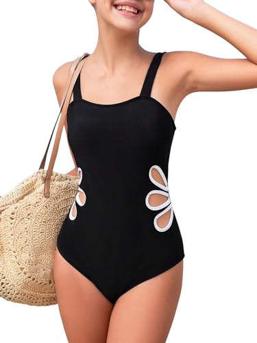 SHENHE Girl's Cut Out One Piece Bathing Suit Wireless Wide Strap Swimsuit Beachwear