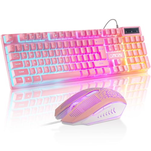 CHONCHOW Pink Gaming Keyboard and Mouse Combo with LED, 104 Keys Wired Light Up Pink Keyboard and Cute Mouse Set for PC Laptop Computer PS4 PS5 Xbox, 19 Keys Anti-ghosting, Multimedia Keys, Number Pad