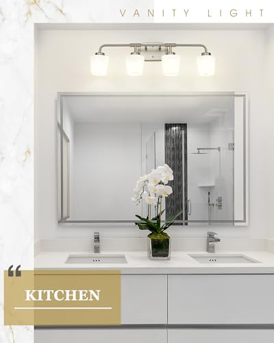 Image of 4-Light Brushed Nickel Bathroom Light Fixtures Over Mirror | Vanity Lighting Fixtures with Milk White Glass, Vintage Farmhouse Wall Sconces Lighting, AD-22004-4W-SN