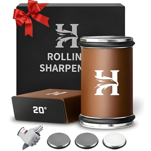 High Carbon Stainless Steel Rolling Knife Sharpener Kit – 400, 1000 & 3000 Grit Discs –15° & 20° Sharpening Angles – Professional & Home Kitchen Use – Restores Blunt Knives