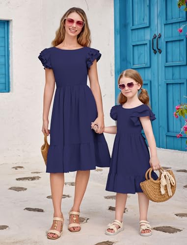 AWIBMK Mother Daughter Boho Dress Mommy and Me Summer Casual Holiday Flutter Sleeve V-Back Bowknot A-Line Dresses2