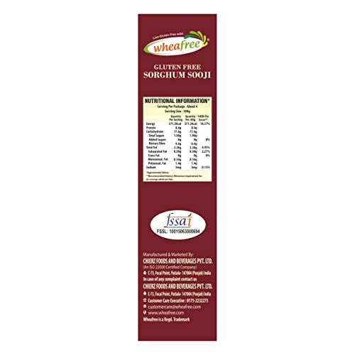Image of Wheafree Gluten Free Sorghum Sooji (Pack of 2 x 400g Each) | Rich in Vitamins, Iron, Minerals & Micronutrients | Rich in Fiber and Protein | Diabetic Friendly