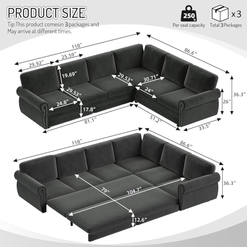 Image of KCGKCG 118 inch Sleeper Sofa Bed, Sectional Couches for Living Room /Apartment, Chenille L Shaped Couch with Pull Out Couch Bed, Convertible Sectional Sofa with Rolled Arm & Nailhead Trim, Dark Grey