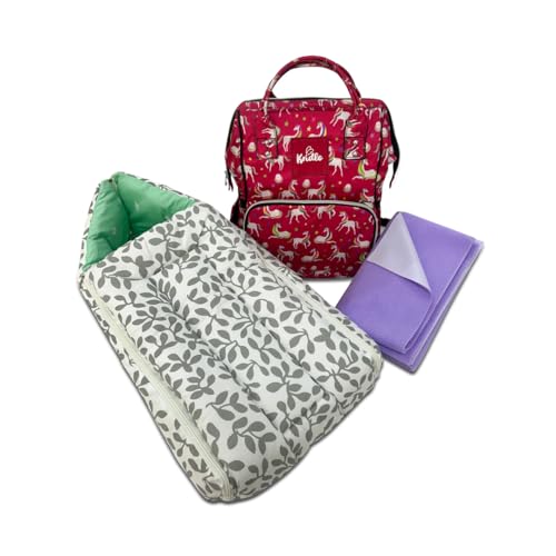 Image of Grey Baby Nest + Dry Mat + Pink Baby Diaper Bag Essential Combo - Pack of 3, Hypoallergenic, Waterproof, Portable, Multi-Functional Baby Bedding Set| TC - 40