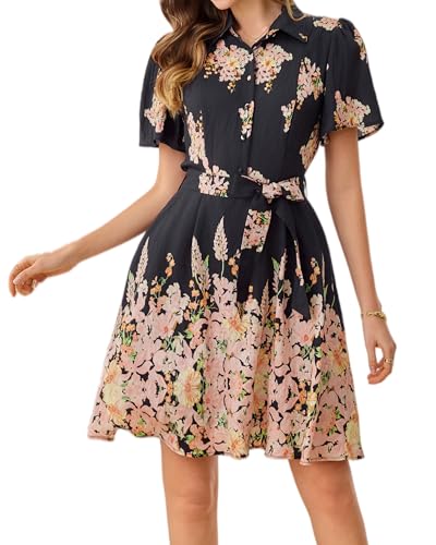 Image of Women Long Sleeve Spring Button Down A-Line Floral Print Summer Cocktail Shirt Dresses with Belt