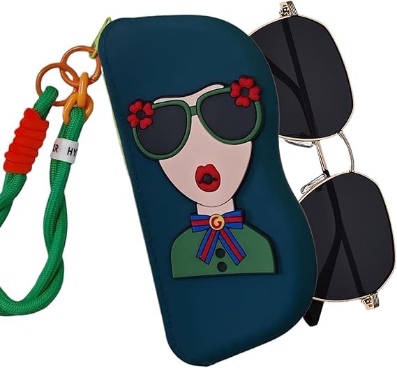 Soft Silicone Eyeglasses Pouch Case for Glasses and Sunglasses with Zipper Closure and Wristlet Strap, (BLUE)