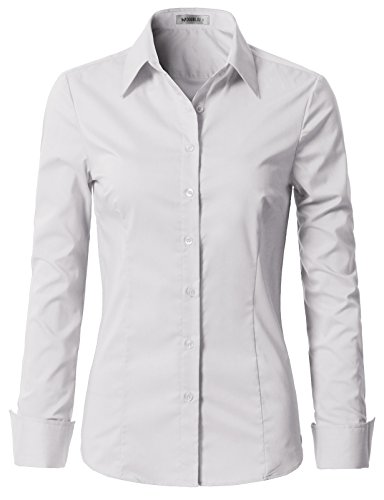 Doublju Womens Slim Fit Business Casual Long Sleeve Button Down Dress Shirt White Medium