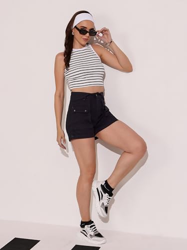 Image of Dolce Crudo Women's Relaxed Fit Mid-Rise Denim Shorts with Adjustable Waist & Frayed Hem